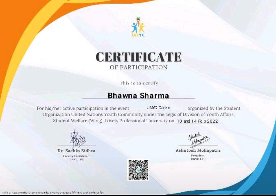 UNYC Certificate of Participation